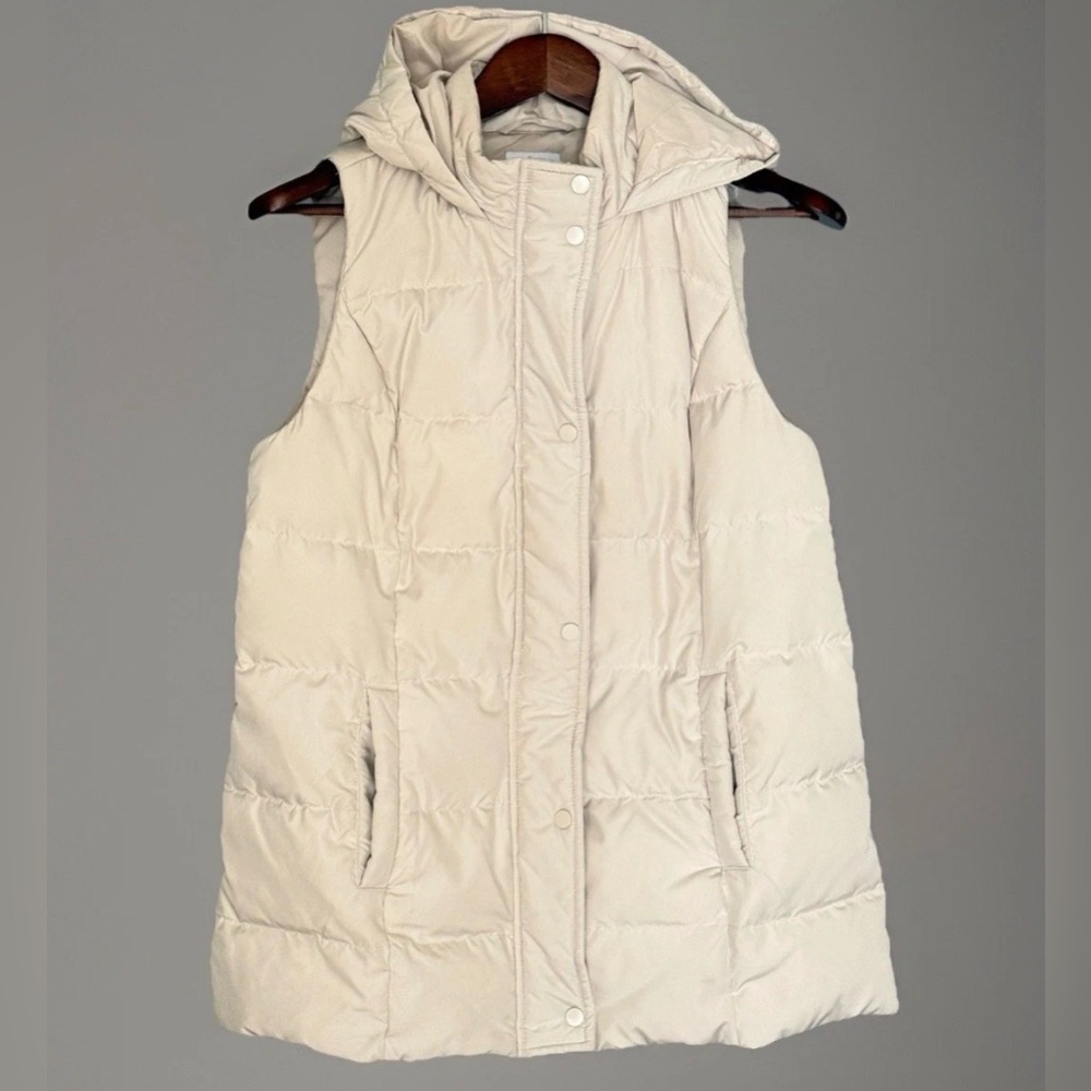 J.Jill Longline Down‎ Hooded Puffer Vest S Cream Clean Girl Neutral Minimalist S